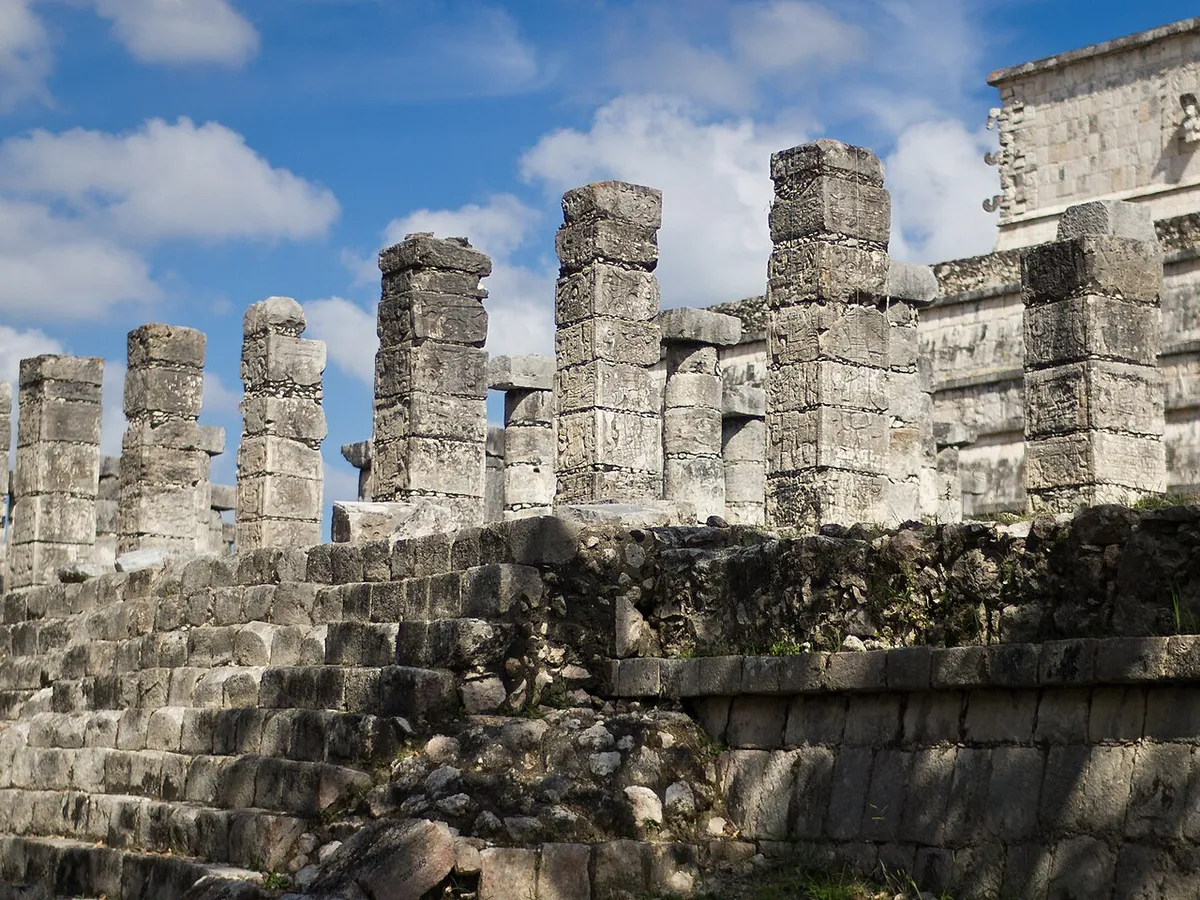 Columns of the Thousand Columns group in dry season light, the best months at Chichen Itza, Yucatan, Mexico