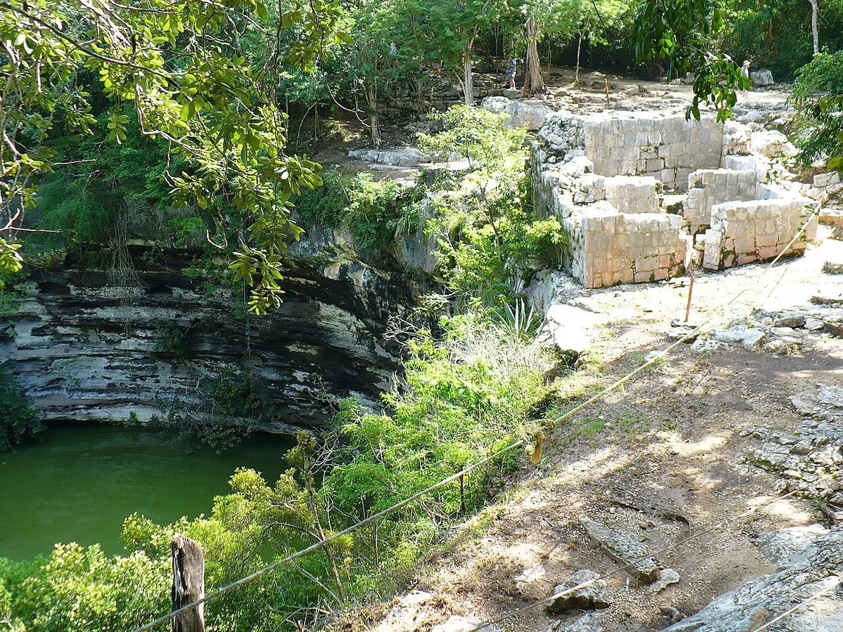 Sacred Cenote seen from the viewing platform on a DIY visit to Chichen Itza, Yucatan, Mexico